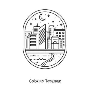 Coloring page of a city with a river
