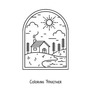 Coloring page of a house in the countryside with a river