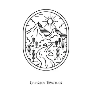 Coloring page of a natural landscape with a river and mountains