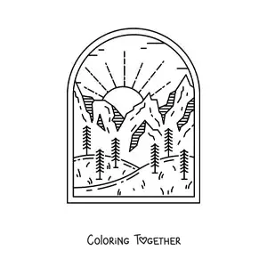 Coloring page of a forest landscape with mountains by day