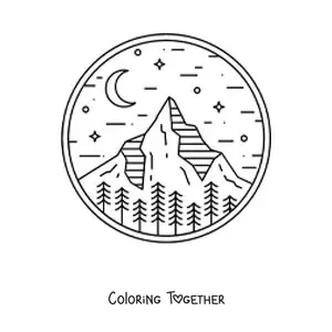 Coloring page of a forest landscape with mountains by night