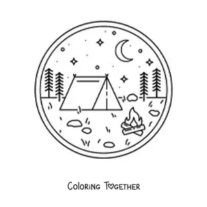 Coloring page of a camping tent and a campfire in the forest