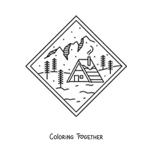 Coloring page of a mountain landscape with a cabin