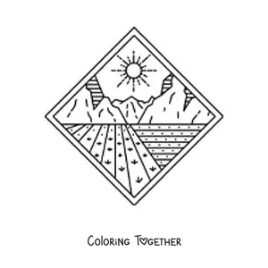 Coloring page of a rural landscape with a field of crops
