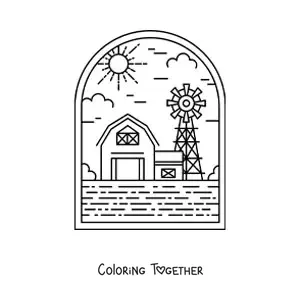 Coloring page of a rural landscape with a barn and a windmill