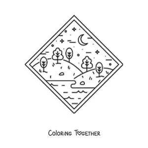 Coloring page of a forest landscape with a lake at night