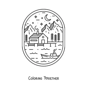 Coloring page of a forest landscape with a lake, a house, and a boat at night