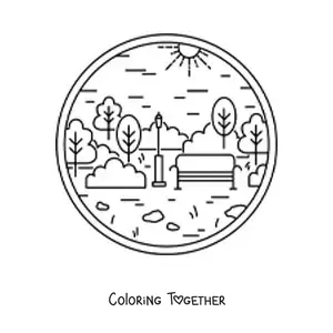 Coloring page of a bench in a park with trees and a lamppost