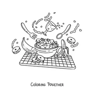 Coloring page of a cereal breakfast with milk and bananas