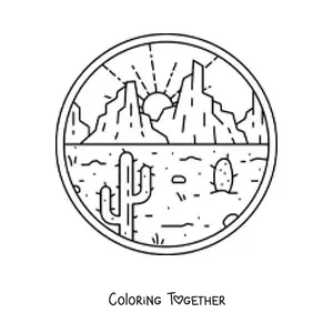 Coloring page of a desert landscape with two cacti and mountains in the background
