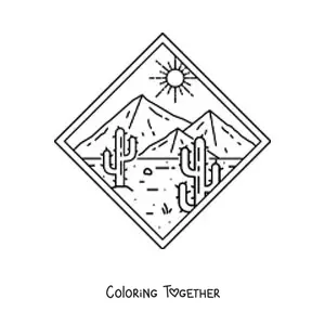 Coloring page of a desert landscape with two cacti and pyramids in the background