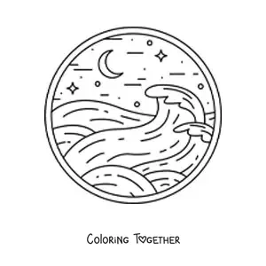 Coloring page of ocean waves at night