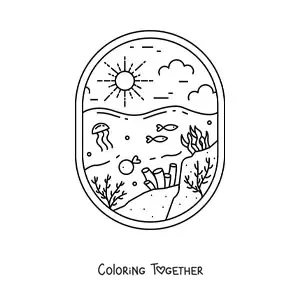 Coloring page of an underwater seascape with fish, a jellyfish, and coral