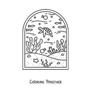 Coloring page of an underwater seascape with fish, a turtle, and coral
