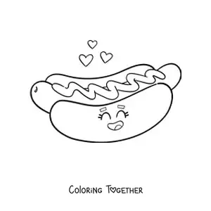 Coloring page of a kawaii cartoon hot dog with hearts