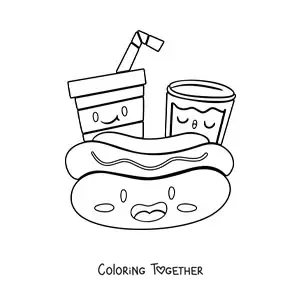 Coloring page of a kawaii cartoon hot dog with cartoon drinks