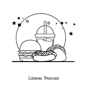 Coloring page of a hot dog with junk food