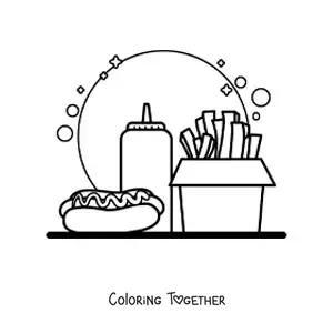 Coloring page of a hot dog with sauce and french fries