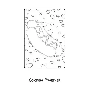 Coloring page of a hot dog with hearts in the background