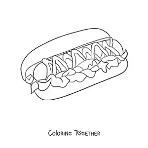 Coloring page of a hot dog with lettuce and sauces