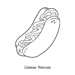 Coloring page of a big hot dog with sauces