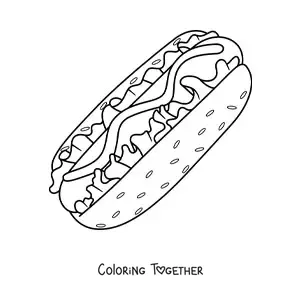 Coloring page of a big hot dog with lettuce and sauce