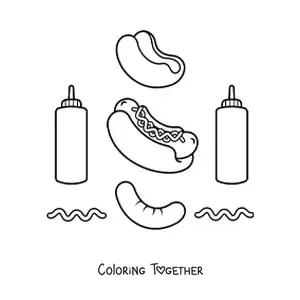 Coloring page of a hot dog with its toppings around it