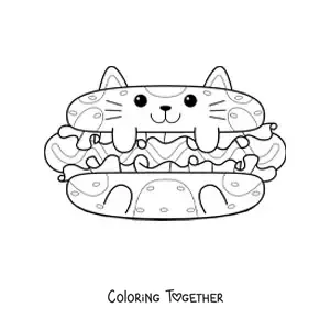 Coloring page of a hot dog shaped like a kawaii cartoon cat