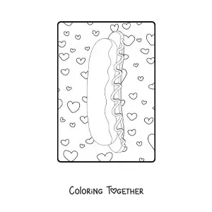 Coloring page of a side view hot dog with hearts in the background