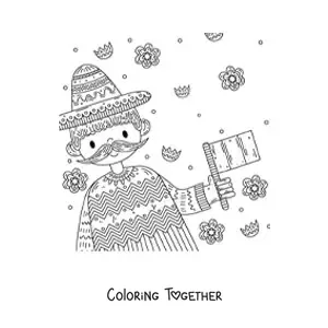 Coloring page of a man holding the flag of Mexico without the coat of arms
