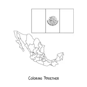Coloring page of the flag of Mexico with the coat of arms next to a map
