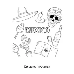 Coloring page of the flag of Mexico next to a Mexican skull, a chili pepper, tequila, and a hat