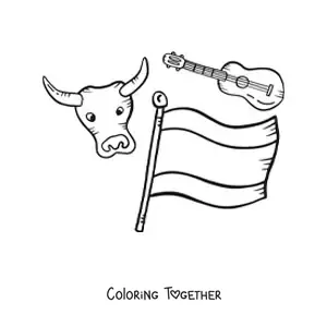 Coloring page of the flag of Spain next to a kawaii bull and a guitar