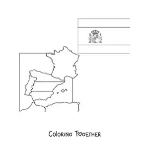 Coloring page of the flag of Spain with coat of arms next to a map