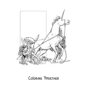 Coloring page of a Dungeons and Dragons unicorn escaping from several goblins