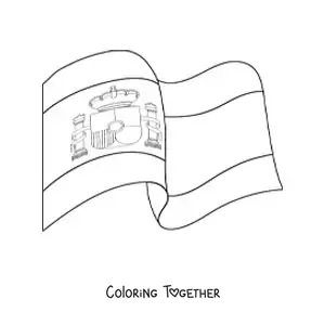 Coloring page of the flag of Spain with coat of arms waving