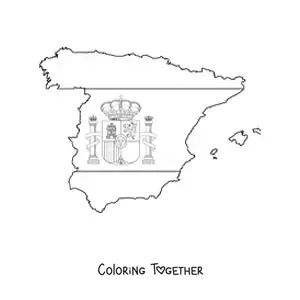 Coloring page of the flag of Spain with coat of arms on top of a map