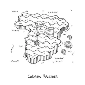 Coloring page of the flag of Spain without coat of arms on top of a map