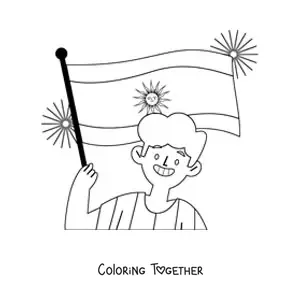 Coloring page of a boy holding the flag of Argentina