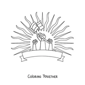 Coloring page of hands holding the flag of Argentina with the Sun in the background
