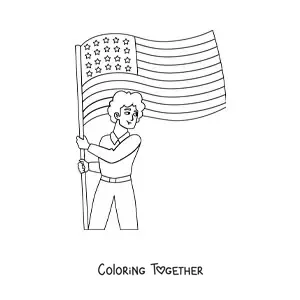 Coloring page of a boy holding the flag of the United States