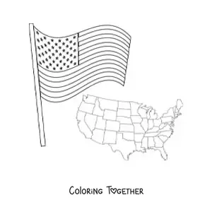 Coloring page of the flag of the United States next to a map