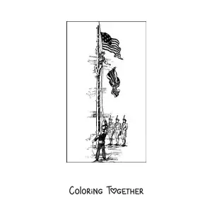Coloring page of revolutionaries swapping the flag of England for the flag of the United States