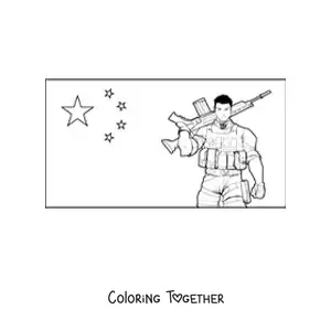 Coloring page of the flag of China with a soldier