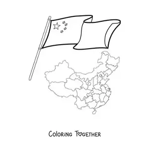 Coloring page of the flag of China next to a map