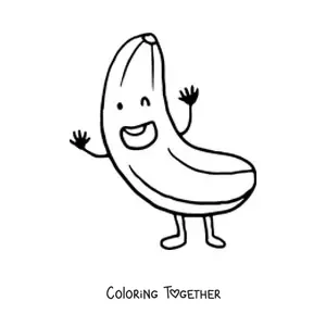 Coloring page of a happy cartoon banana waving