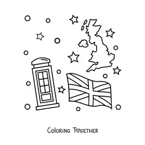 Coloring page of the flag of the United Kingdom next to a map and a telephone booth