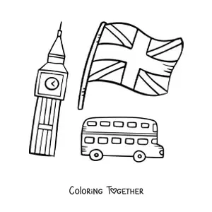 Coloring page of the flag of the United Kingdom with Big Ben and a double-decker bus