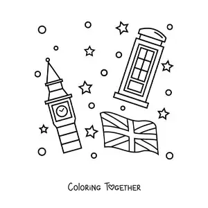 Coloring page of the flag of the United Kingdom with Big Ben and a phone booth