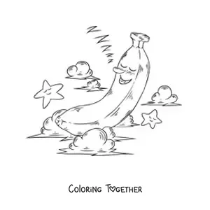 Coloring page of a cartoon banana sleeping among clouds and stars